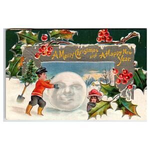 Vintage 1911 Fantasy Embossed Christmas Postcard Snowman Human Face & Children
